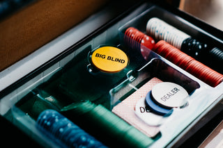 Poker chips and accessories inside a case.